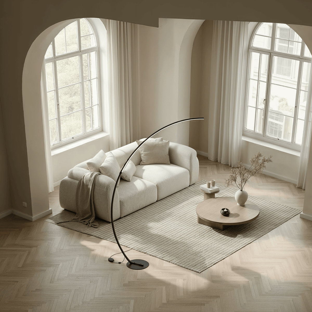 Gulvlampe med bue, 170cm — dæmpbar LED, sort og hvid