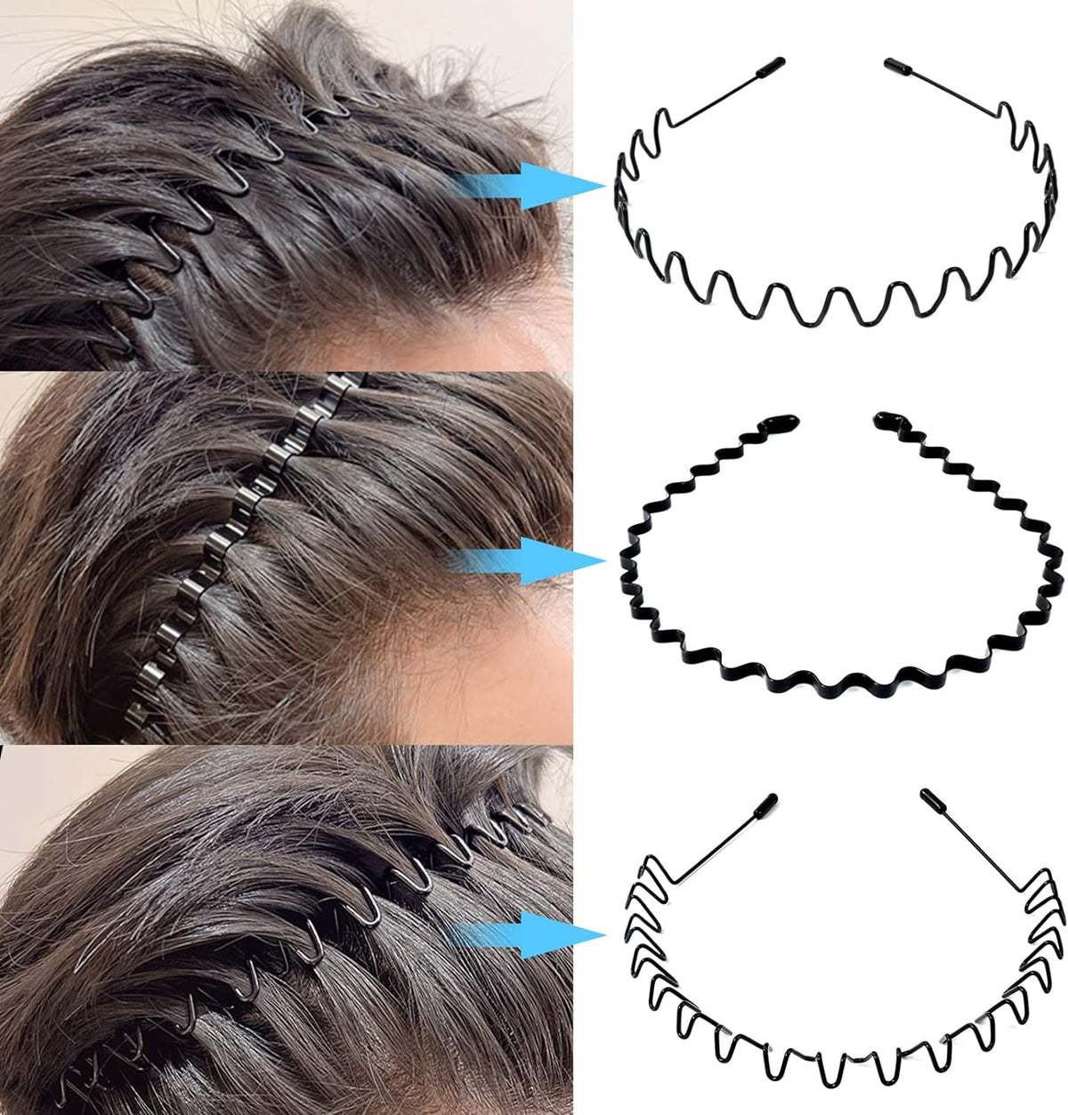 Diademas metálicas para hombre - onduladas y en zigzag, juego de 6 piezas