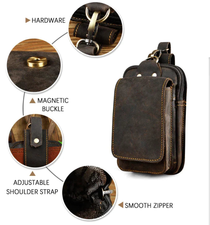 Leather Hip Bag — Phone Pocket, Adjustable Strap