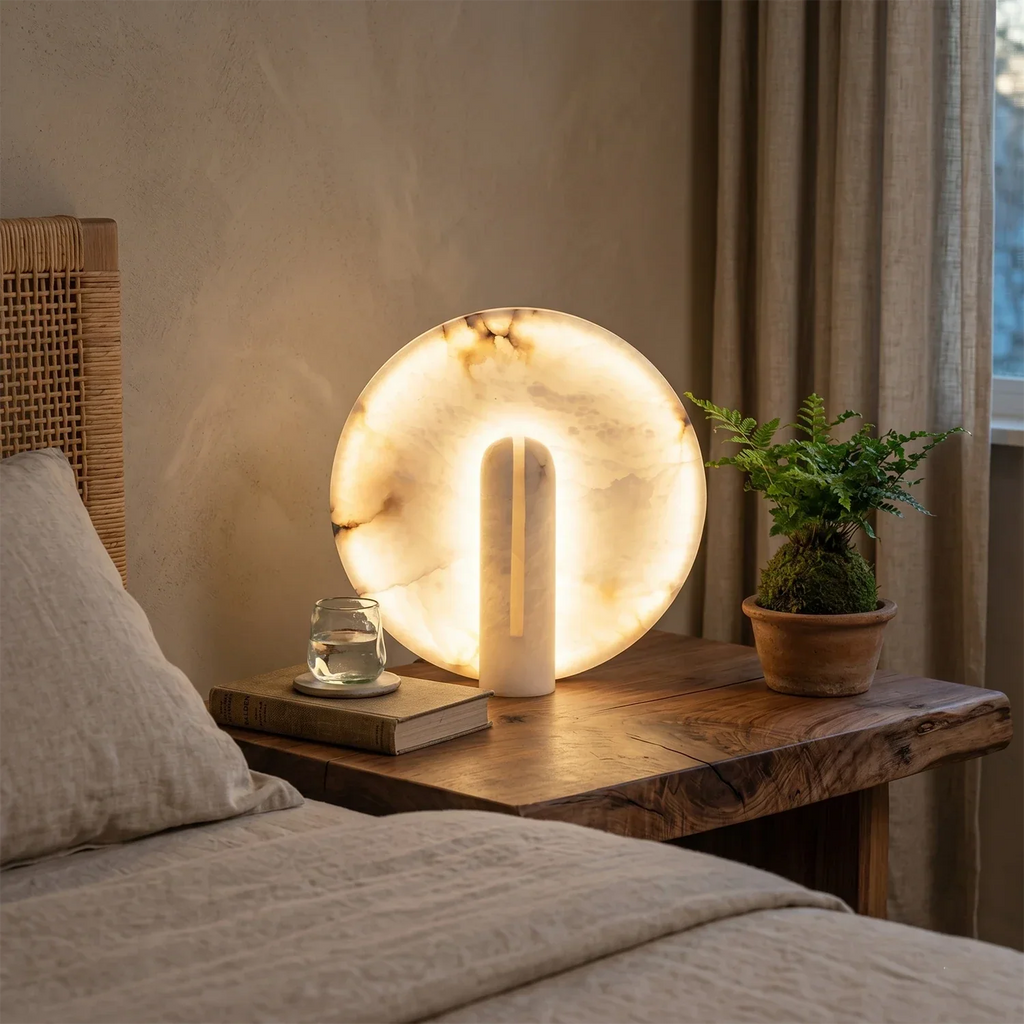 Modern Minimalist Disc-Shaped Alabaster Table Lamp | wildoxy