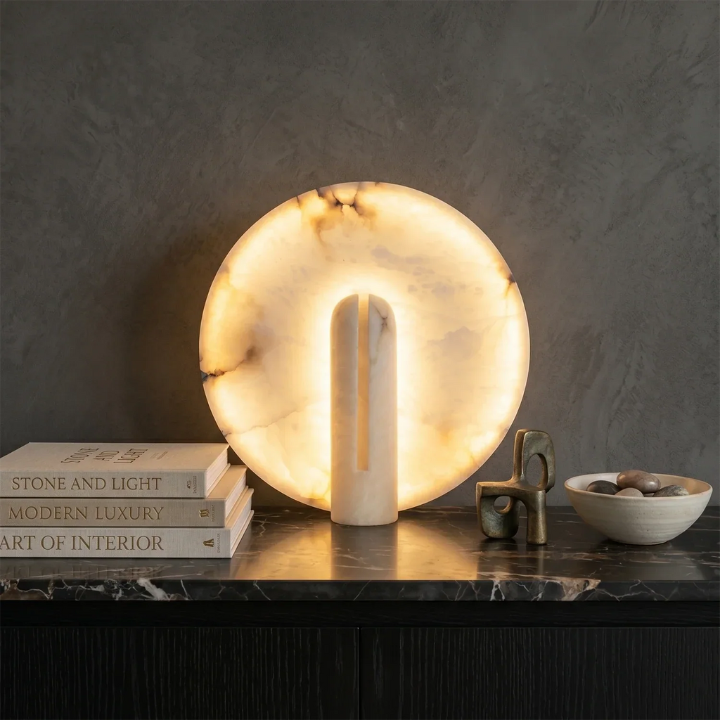 Modern Minimalist Disc-Shaped Alabaster Table Lamp | wildoxy