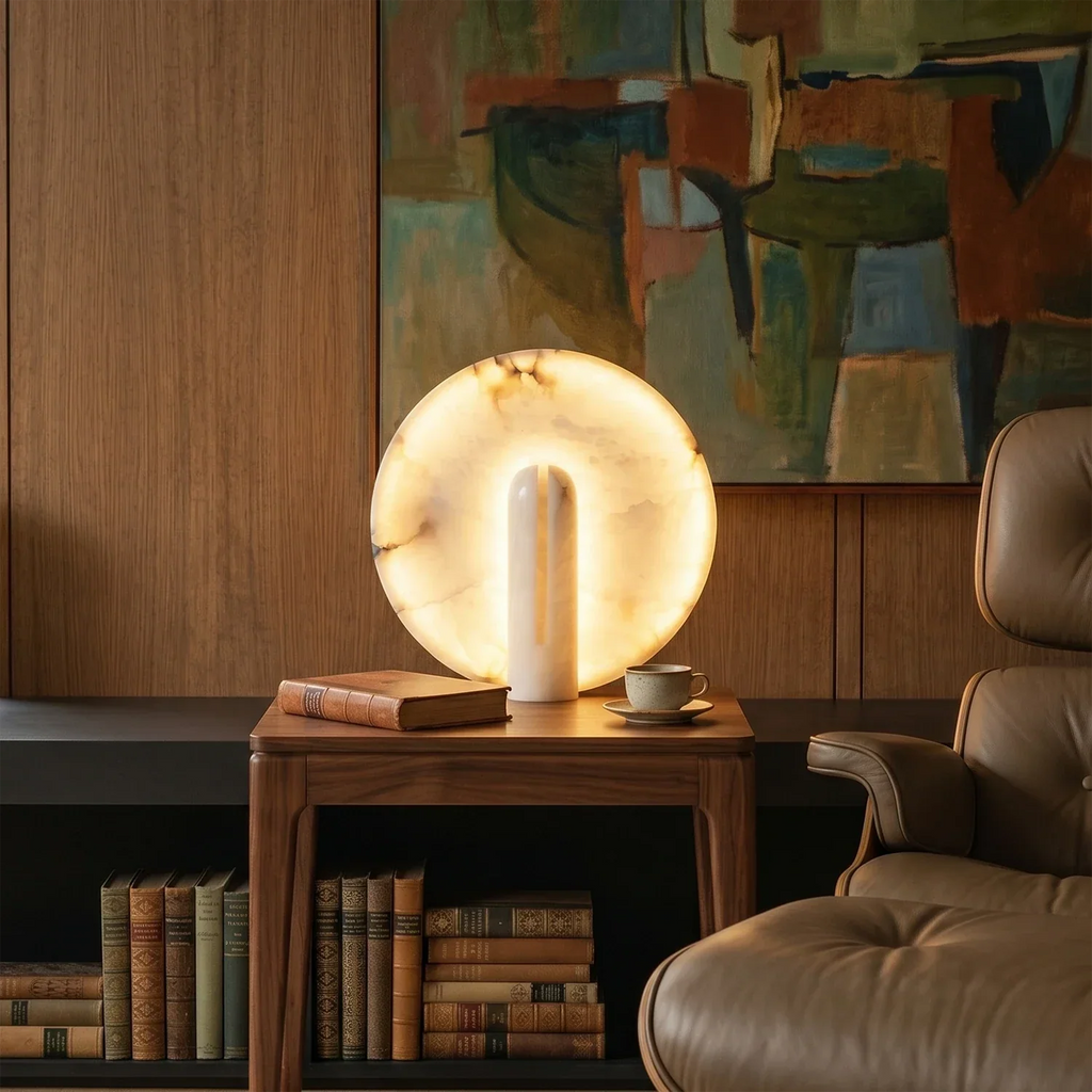 Modern Minimalist Disc-Shaped Alabaster Table Lamp | wildoxy