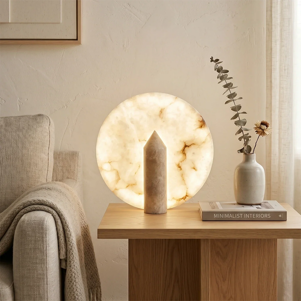 Modern Minimalist Disc-Shaped Alabaster Table Lamp | wildoxy