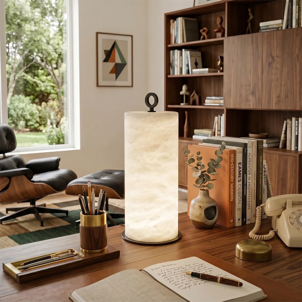 Natural Alabaster Cylinder Table Lamp | wildoxy