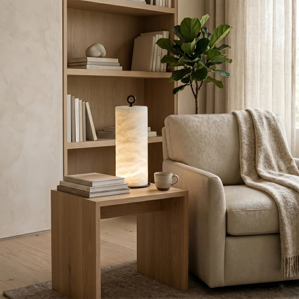 Natural Alabaster Cylinder Table Lamp | wildoxy