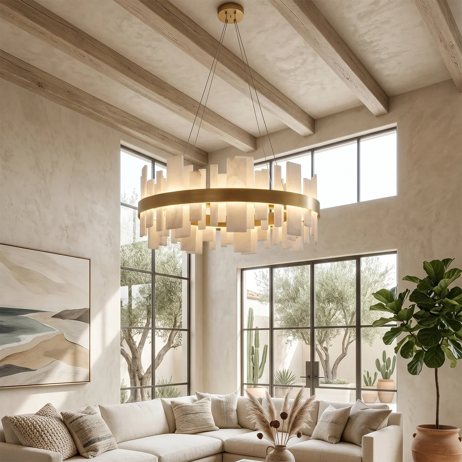 Natural Alabaster Tile Round Chandelier | wildoxy