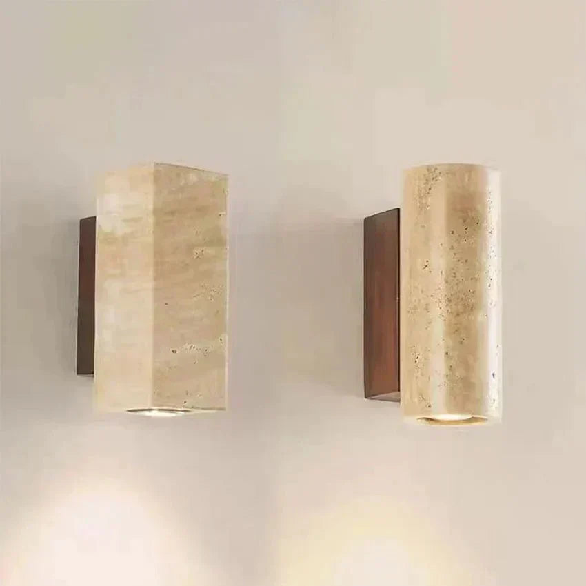 Solara Terra Wall Lamp — Travertine and Wood Frame, Warm White LED