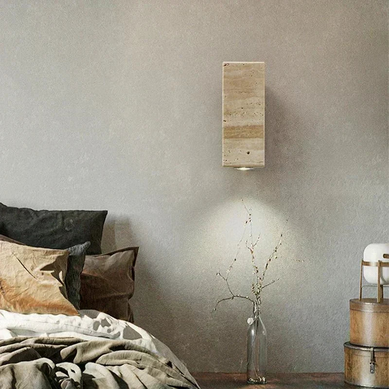 Solara Terra Wall Lamp — Travertine and Wood Frame, Warm White LED