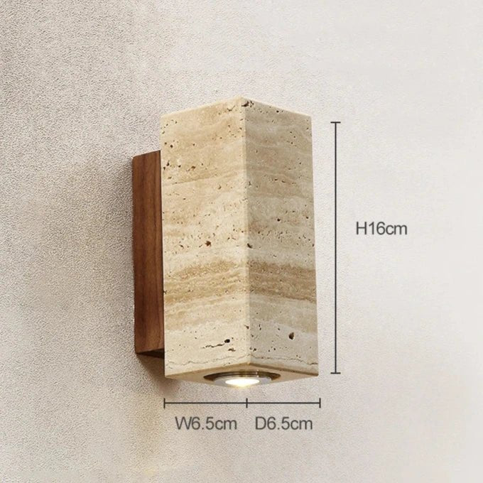Solara Terra Wall Lamp — Travertine and Wood Frame, Warm White LED
