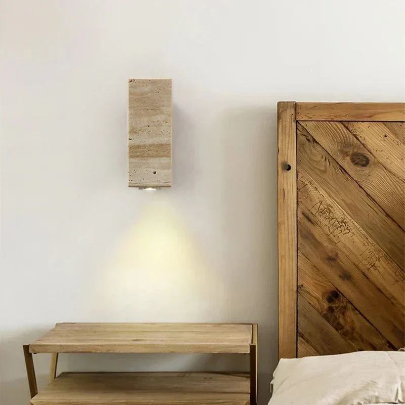 Solara Terra Wall Lamp — Travertine and Wood Frame, Warm White LED