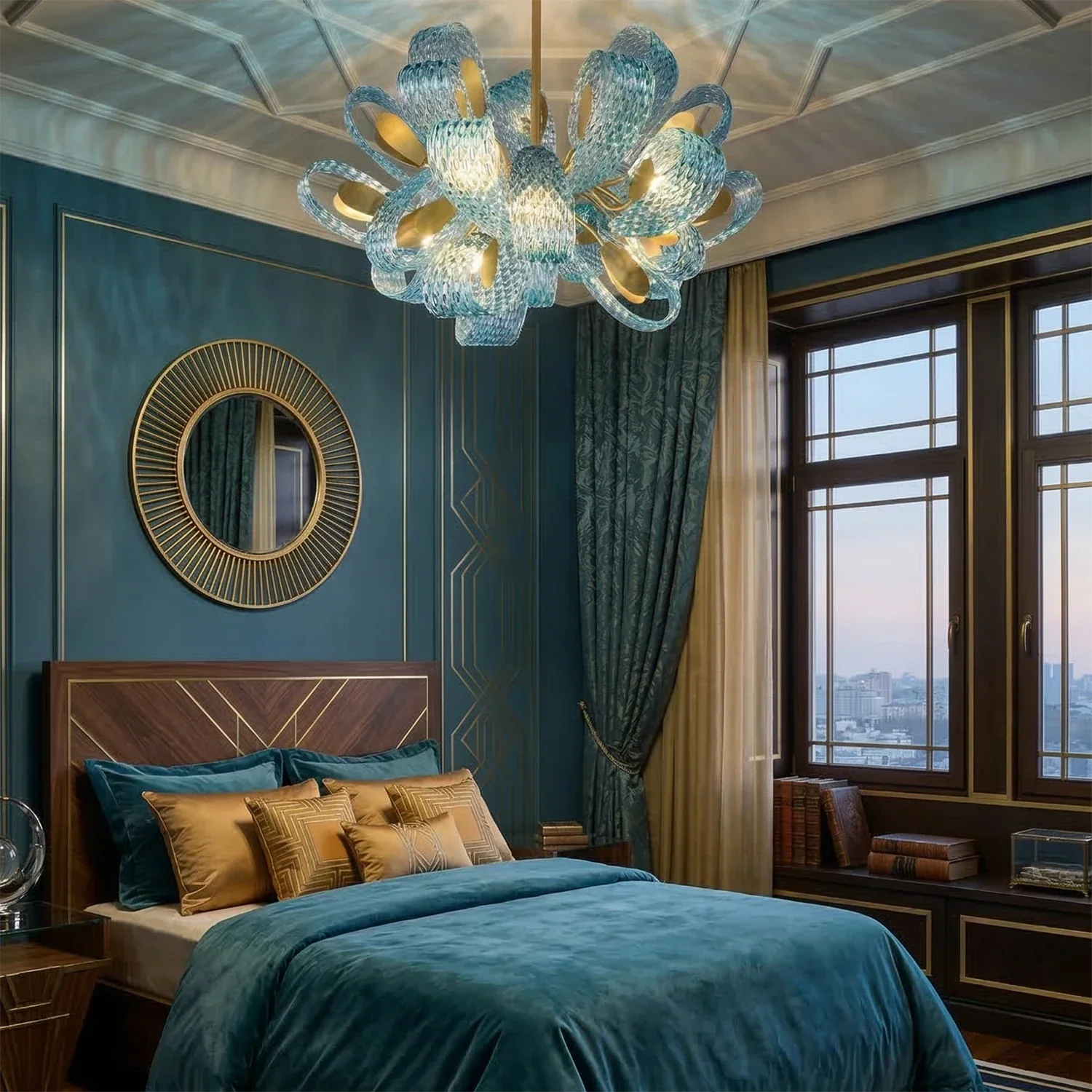Peacock Blue Petal Art Glass Chandelier | wildoxy