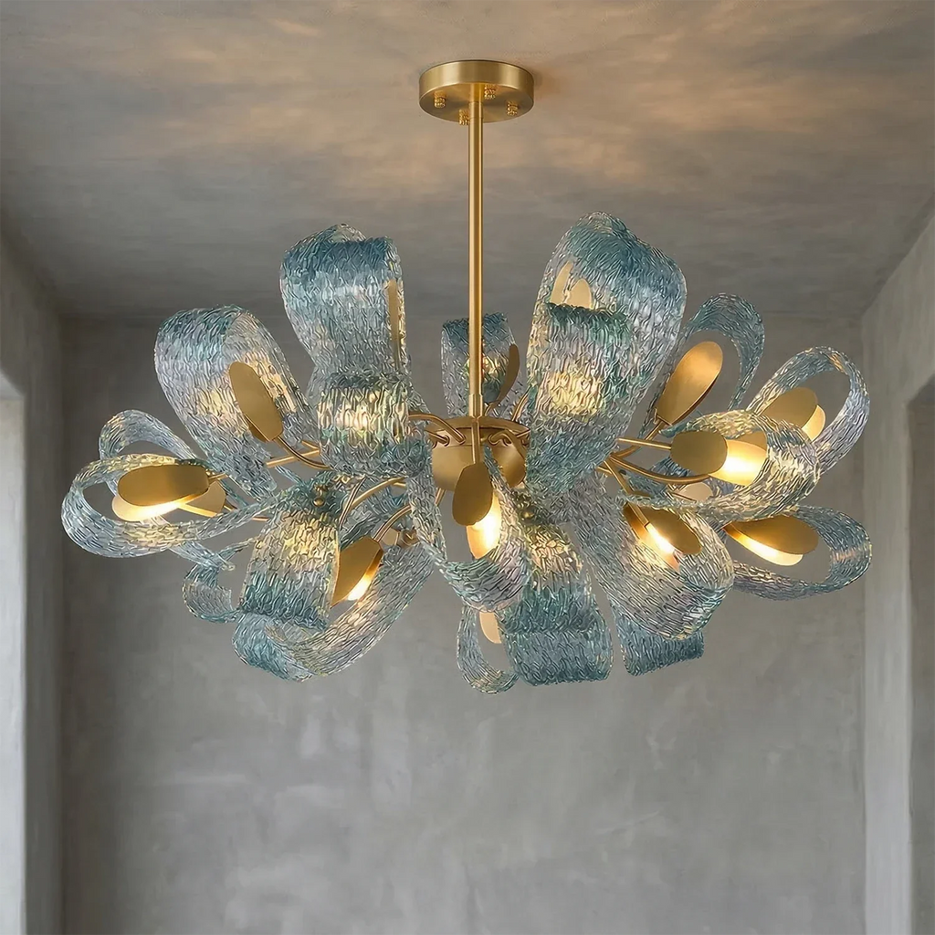 Peacock Blue Petal Art Glass Chandelier | wildoxy