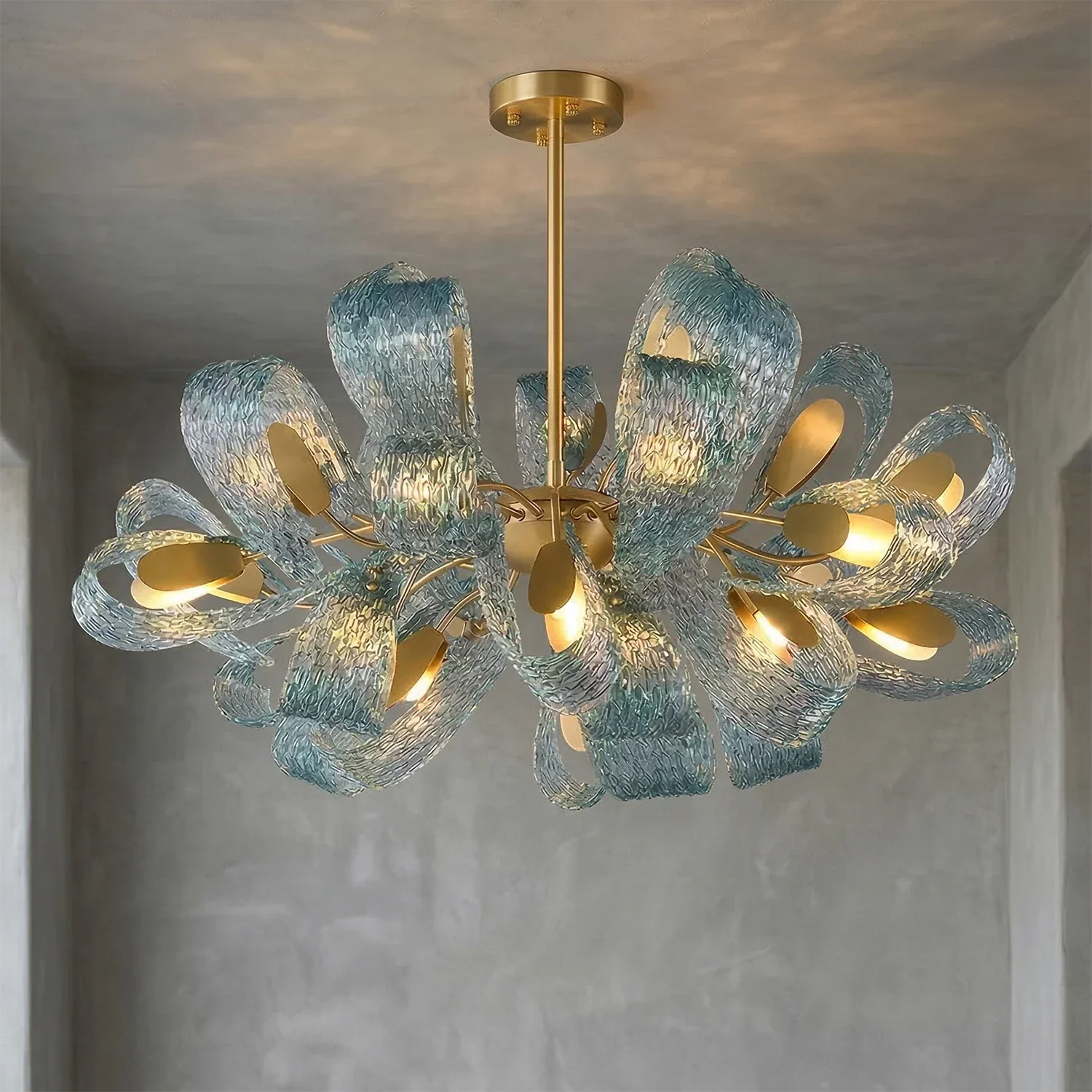 Peacock Blue Petal Art Glass Chandelier | wildoxy