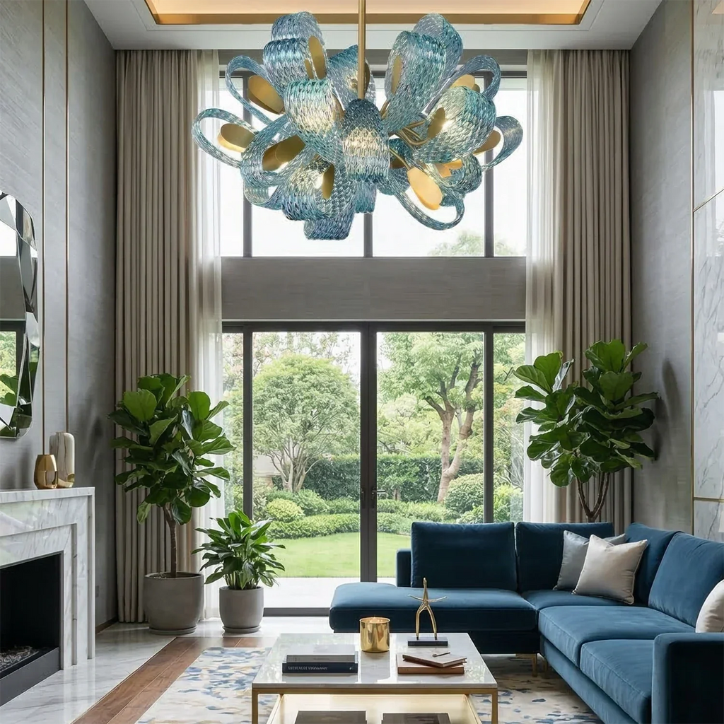 Peacock Blue Petal Art Glass Chandelier | wildoxy