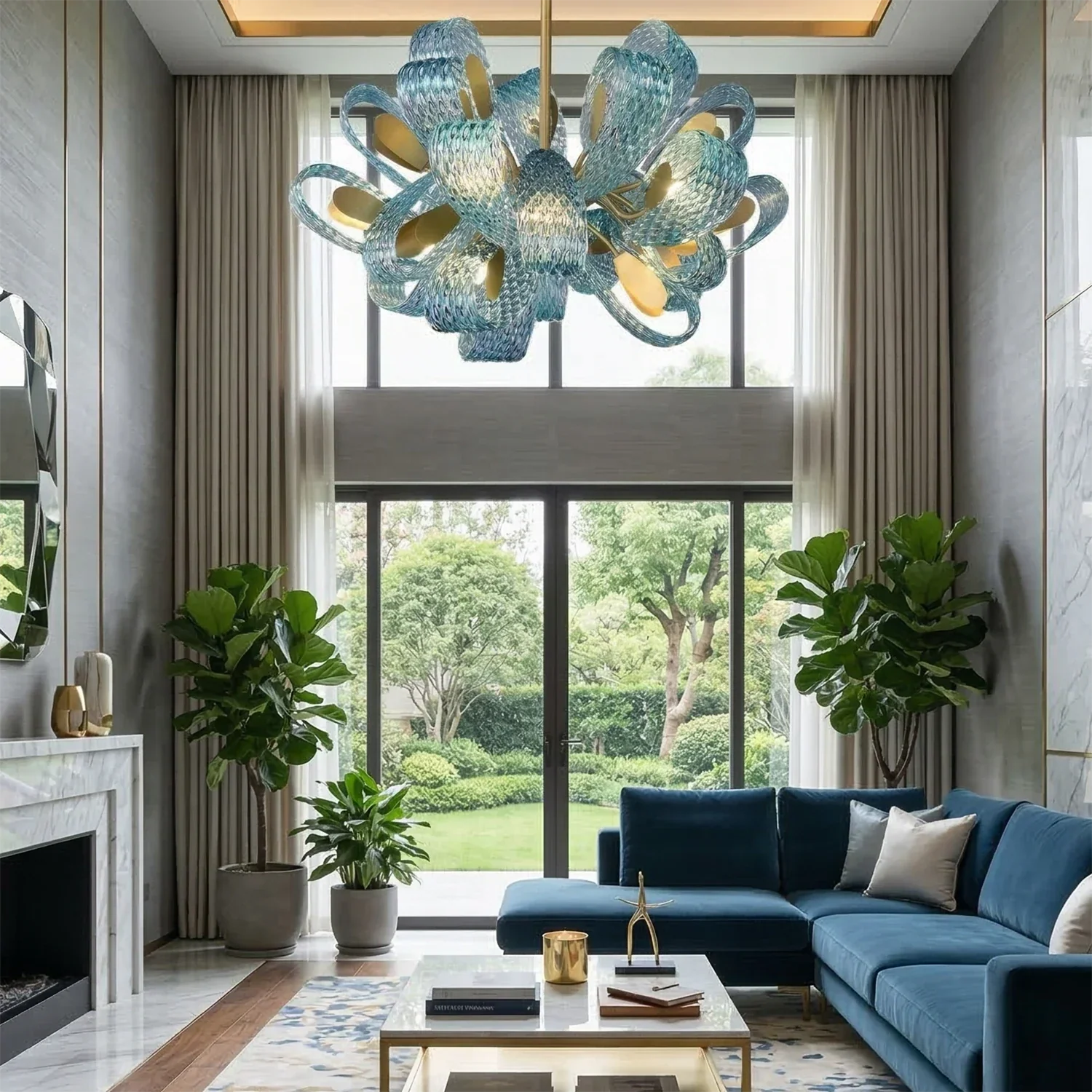 Peacock Blue Petal Art Glass Chandelier | wildoxy