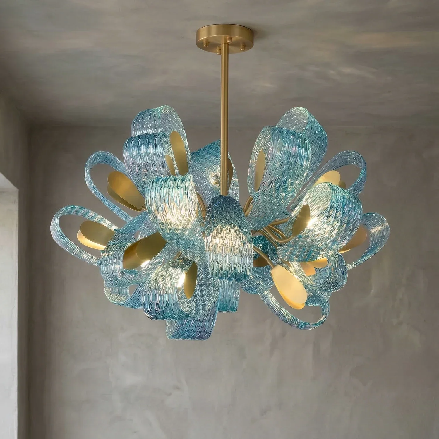 Peacock Blue Petal Art Glass Chandelier | wildoxy