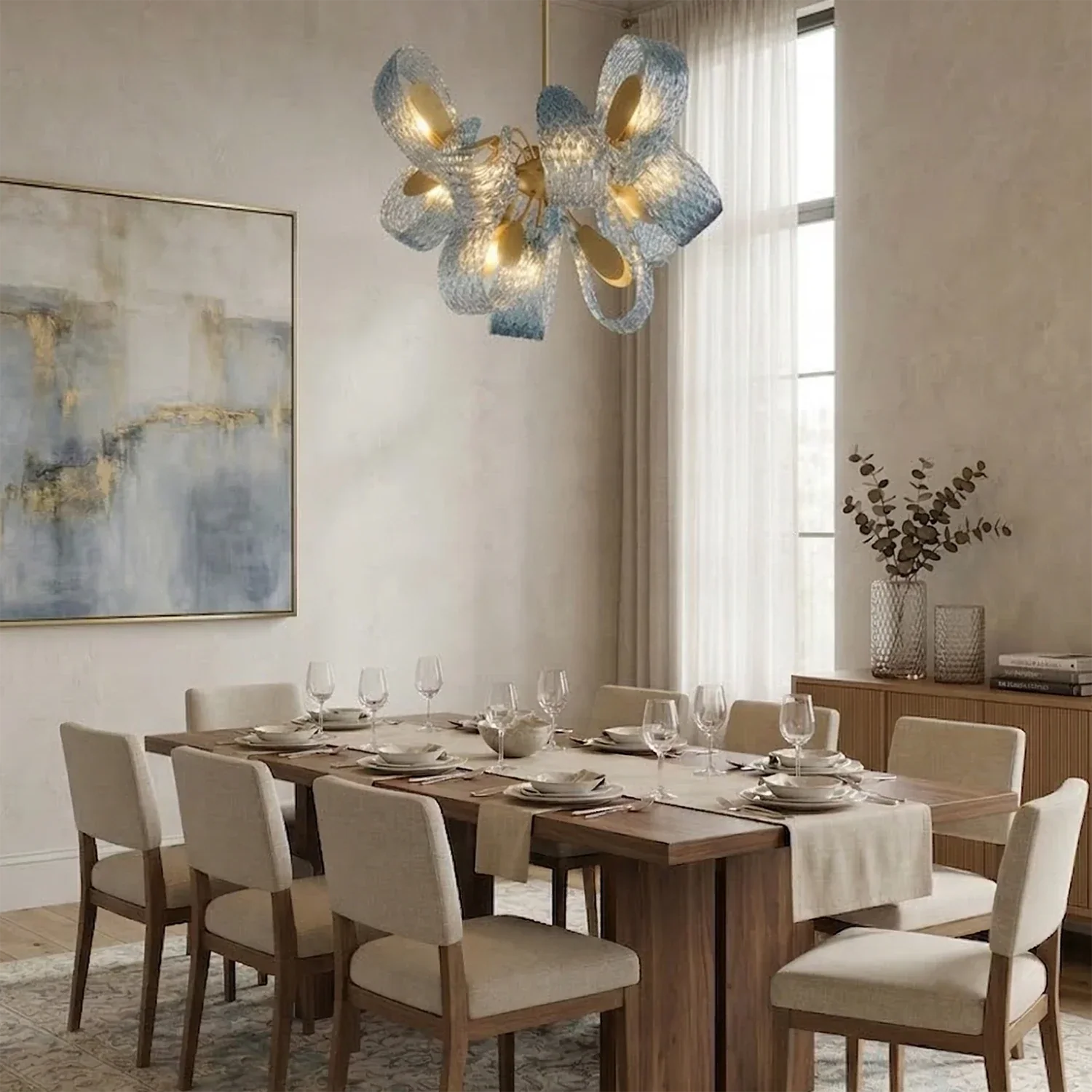 Peacock Blue Petal Art Glass Chandelier | wildoxy