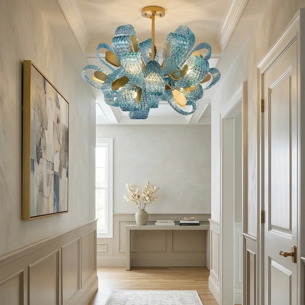 Peacock Blue Petal Art Glass Chandelier | wildoxy