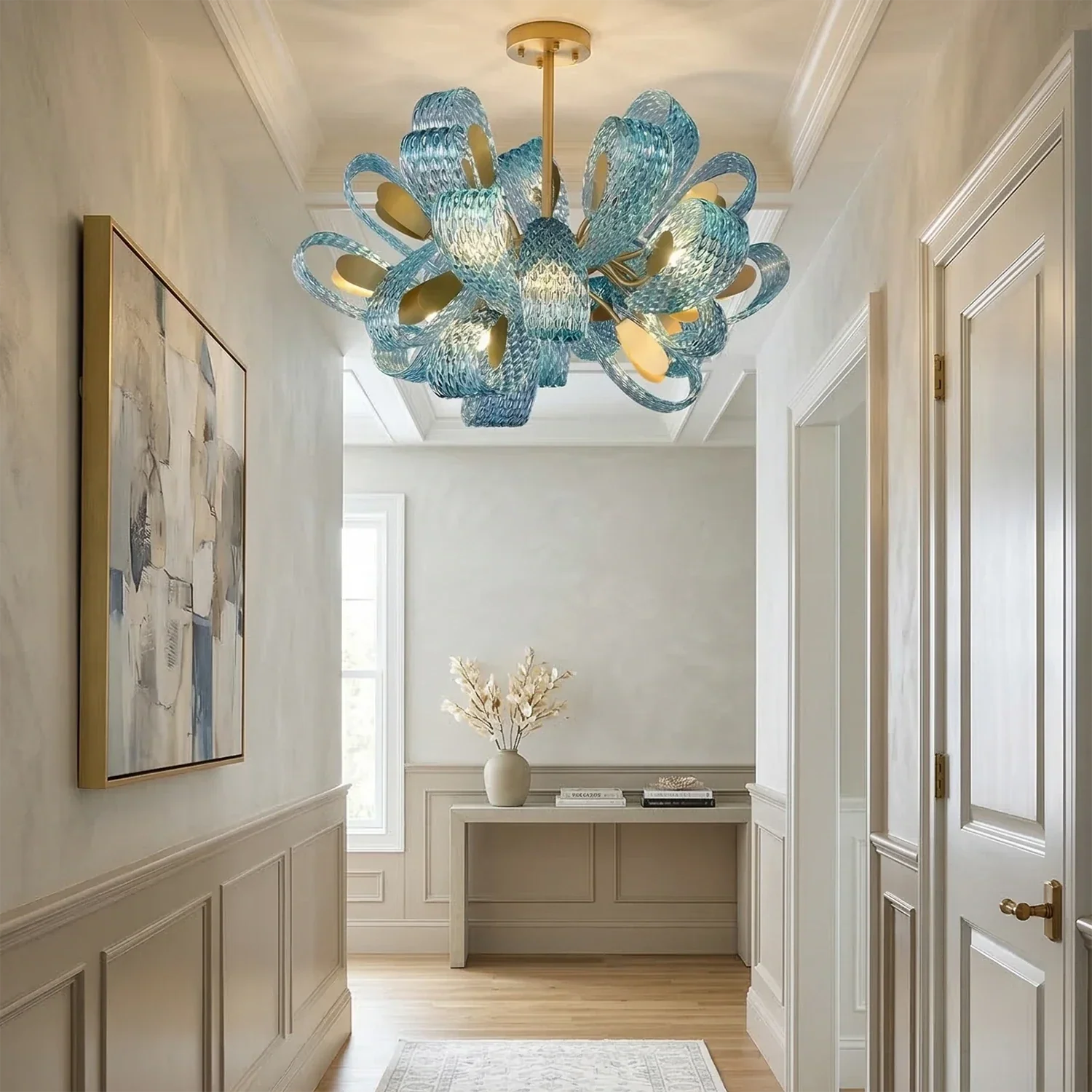 Peacock Blue Petal Art Glass Chandelier | wildoxy