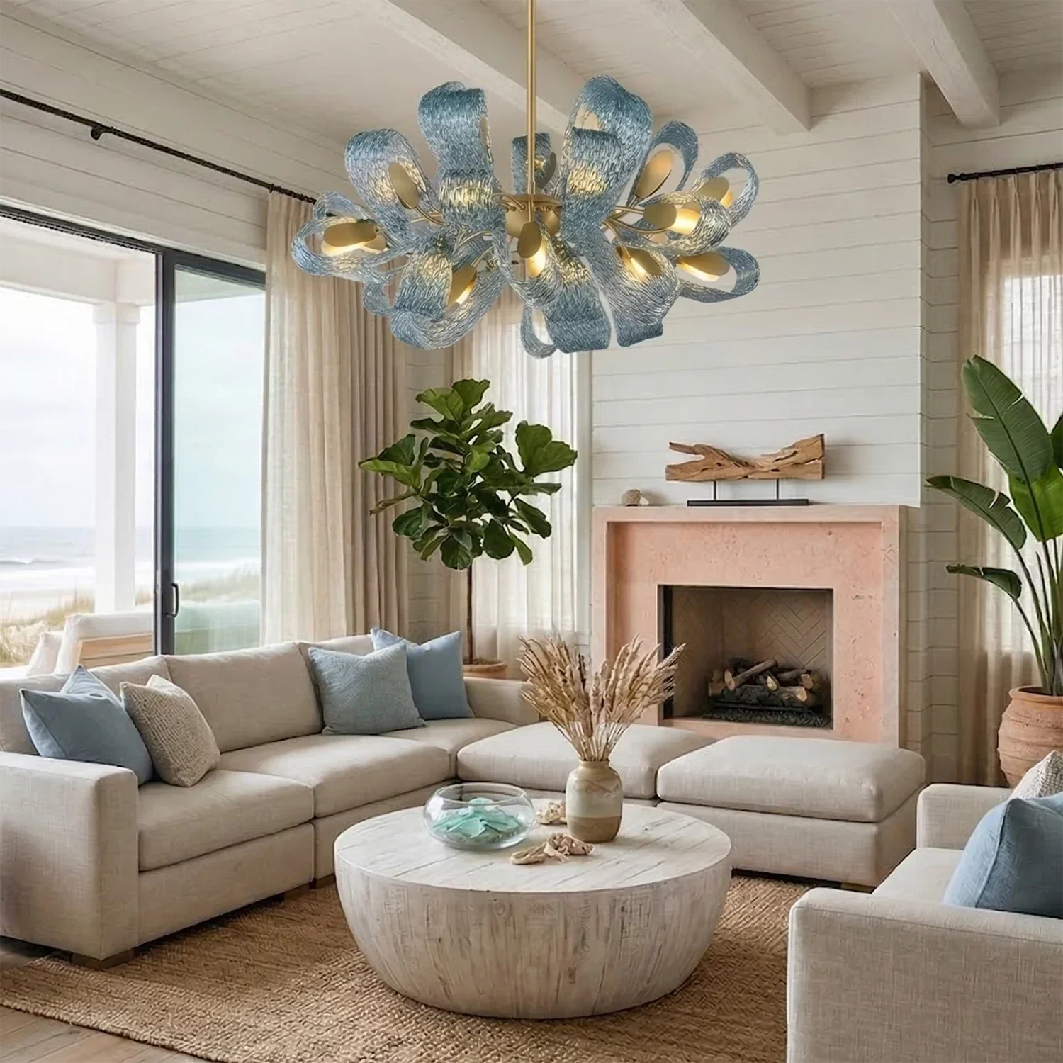 Peacock Blue Petal Art Glass Chandelier | wildoxy