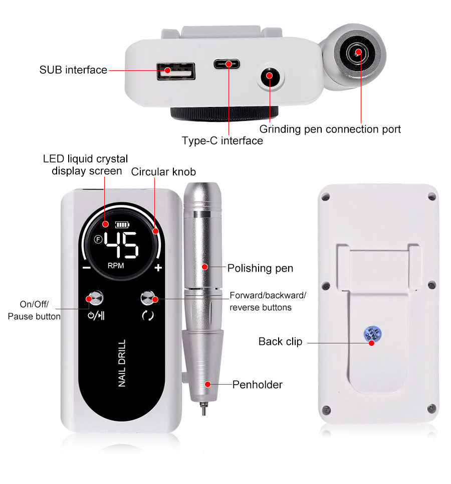 Portable Electric Nail File — 45000 RPM, Quiet, Rechargeable