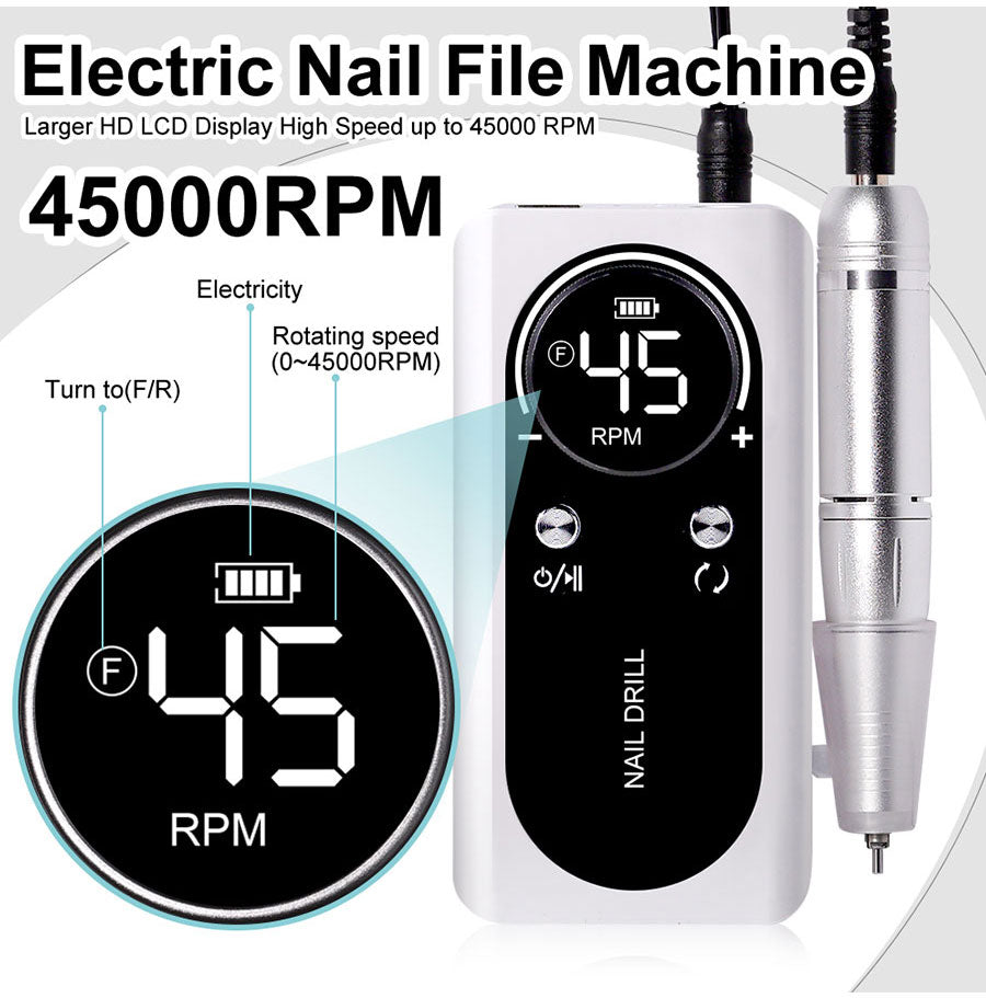 Portable Electric Nail File — 45000 RPM, Quiet, Rechargeable