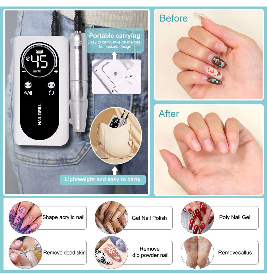 Portable Electric Nail File — 45000 RPM, Quiet, Rechargeable