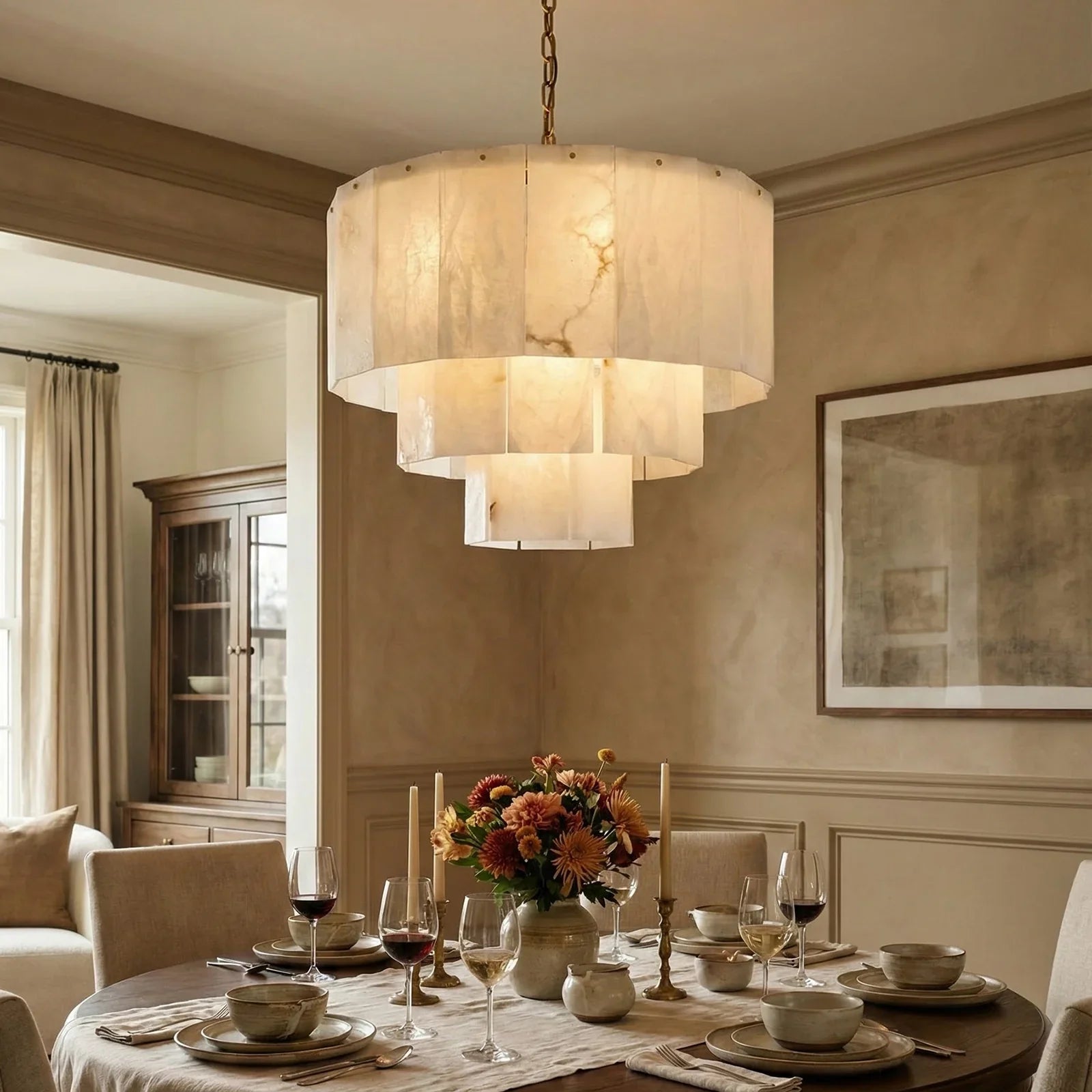 Rectangular Alabaster Multi Layered Round Chandelier | wildoxy