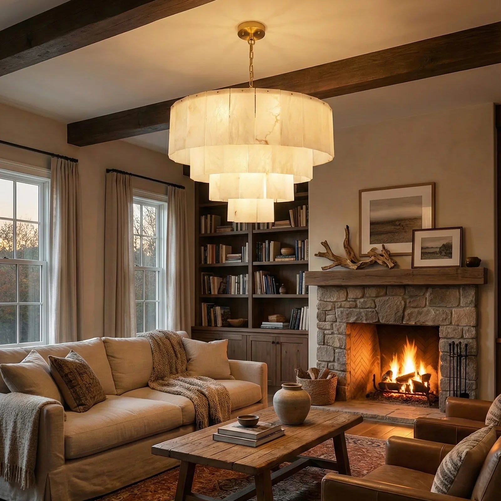Rectangular Alabaster Multi Layered Round Chandelier | wildoxy