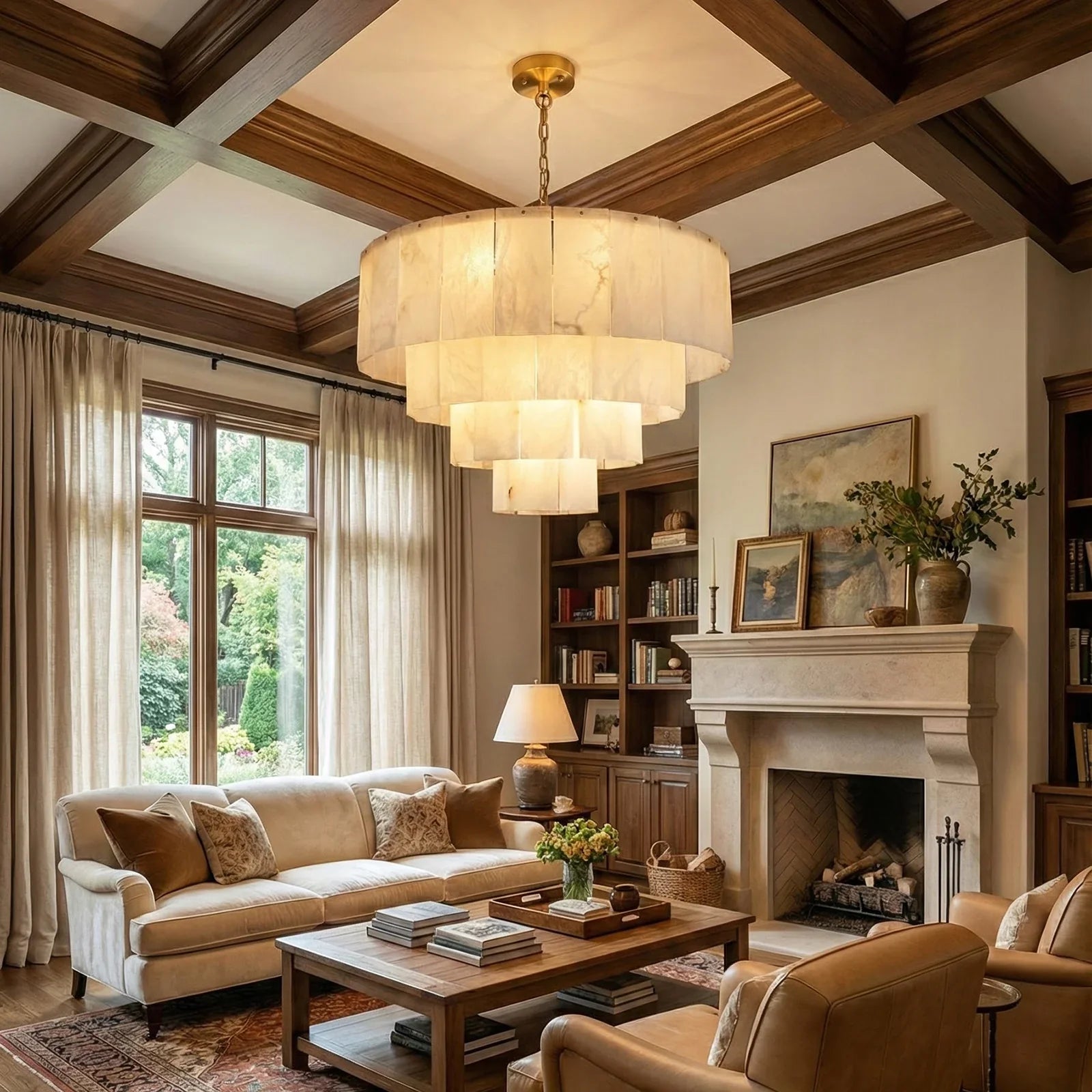 Rectangular Alabaster Multi Layered Round Chandelier | wildoxy