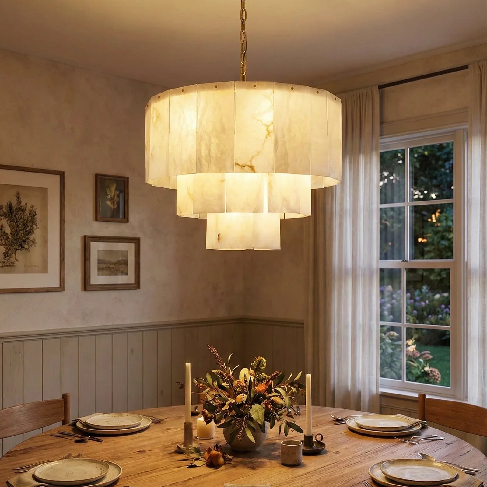 Rectangular Alabaster Multi Layered Round Chandelier | wildoxy