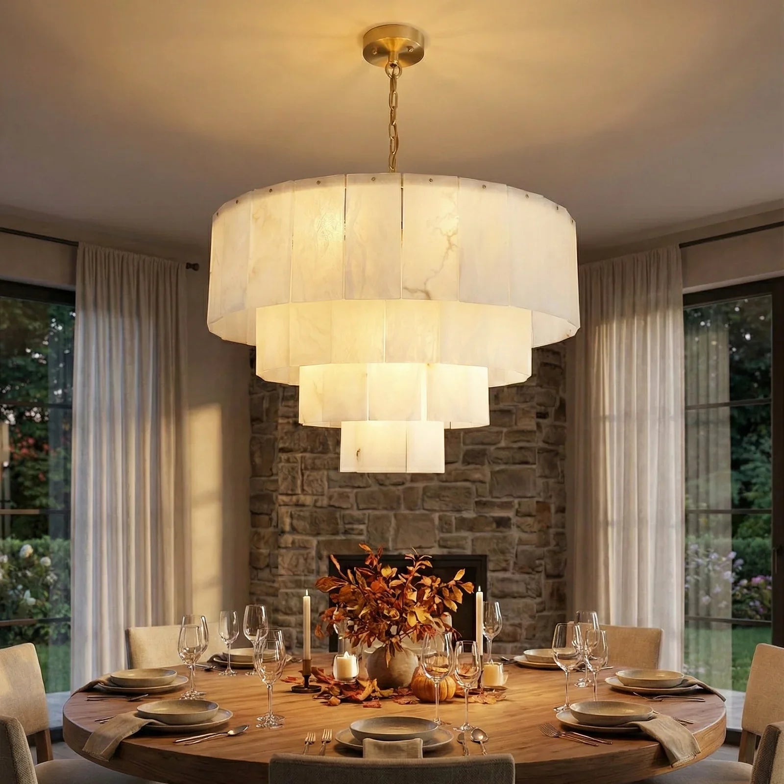 Rectangular Alabaster Multi Layered Round Chandelier | wildoxy