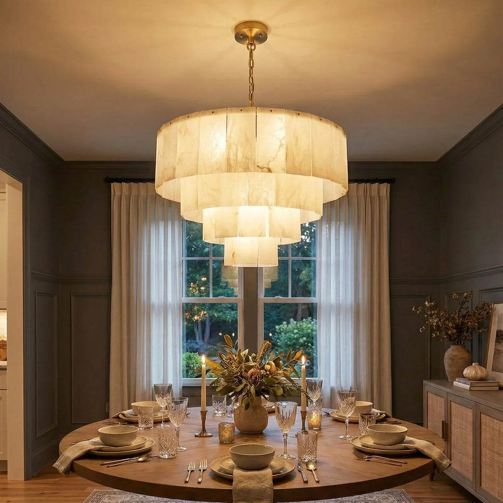 Rectangular Alabaster Multi Layered Round Chandelier | wildoxy