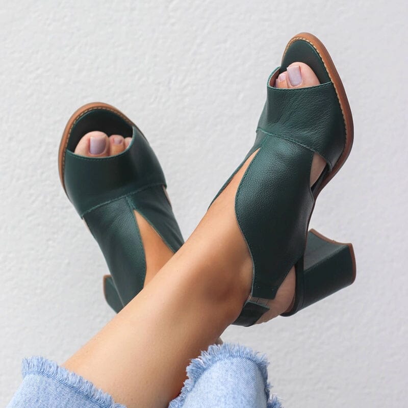 Damen-Ledersandalen mit Blockabsatz, offener Zehenpartie, Bordeauxrot