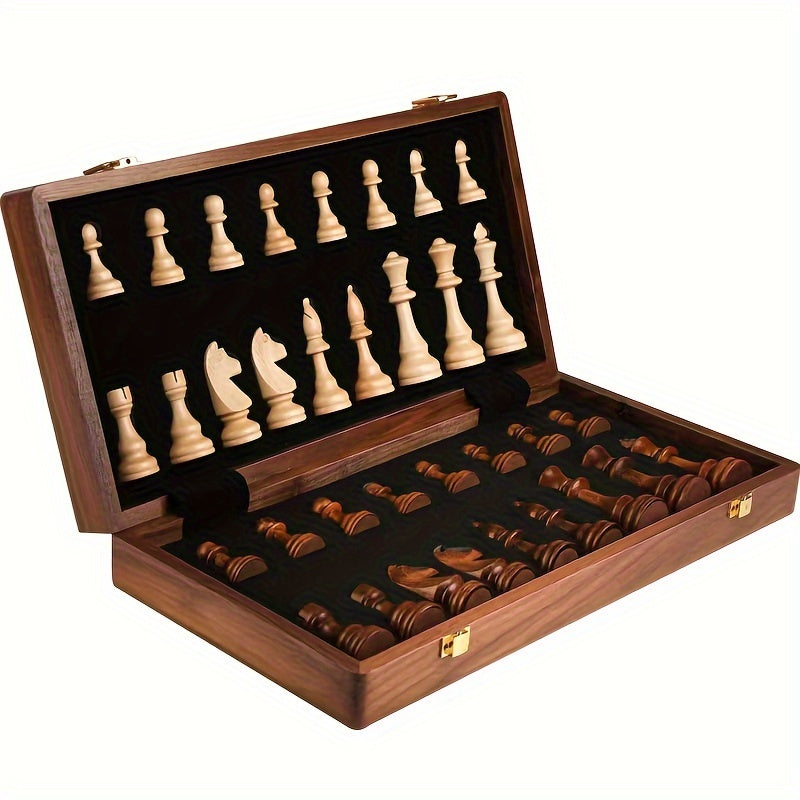 Opvouwbare houten schaakset met schaakstukken, massief houten bord
