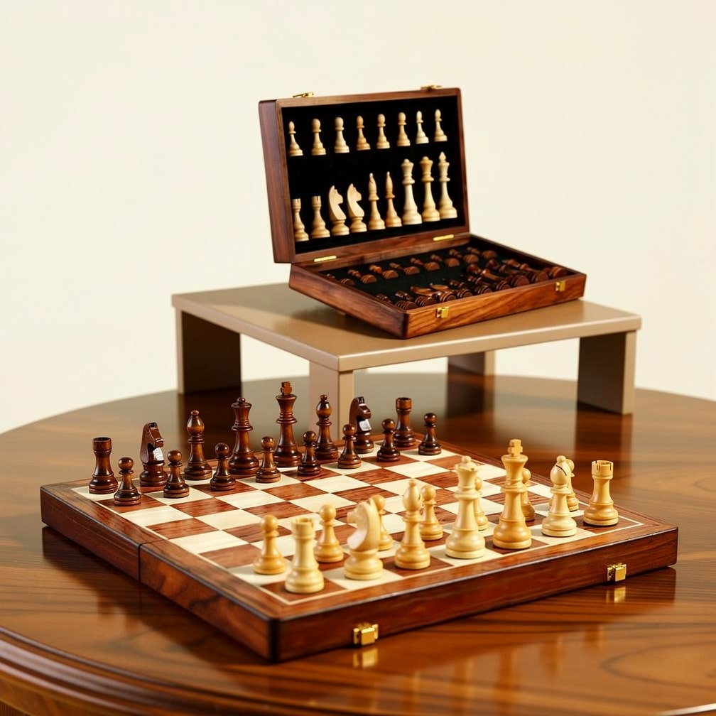 Opvouwbare houten schaakset met schaakstukken, massief houten bord