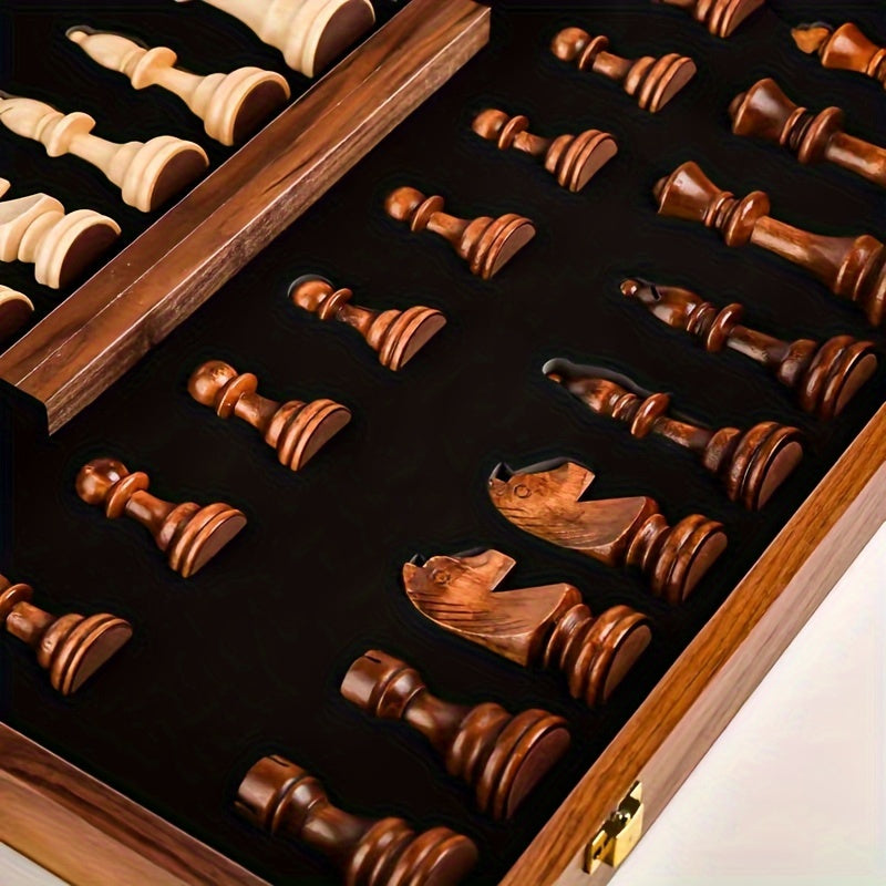 Opvouwbare houten schaakset met schaakstukken, massief houten bord
