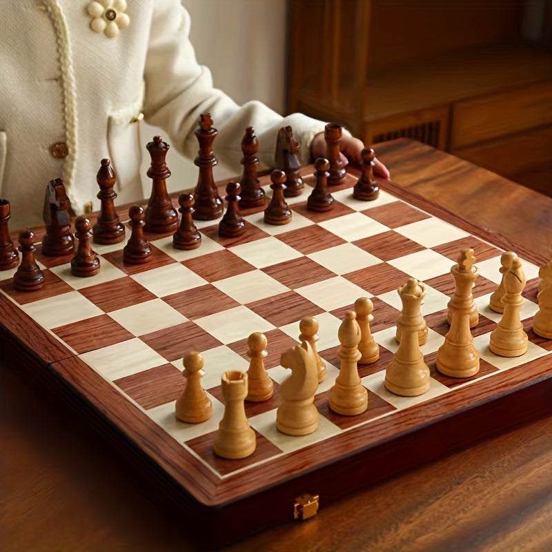 Opvouwbare houten schaakset met schaakstukken, massief houten bord