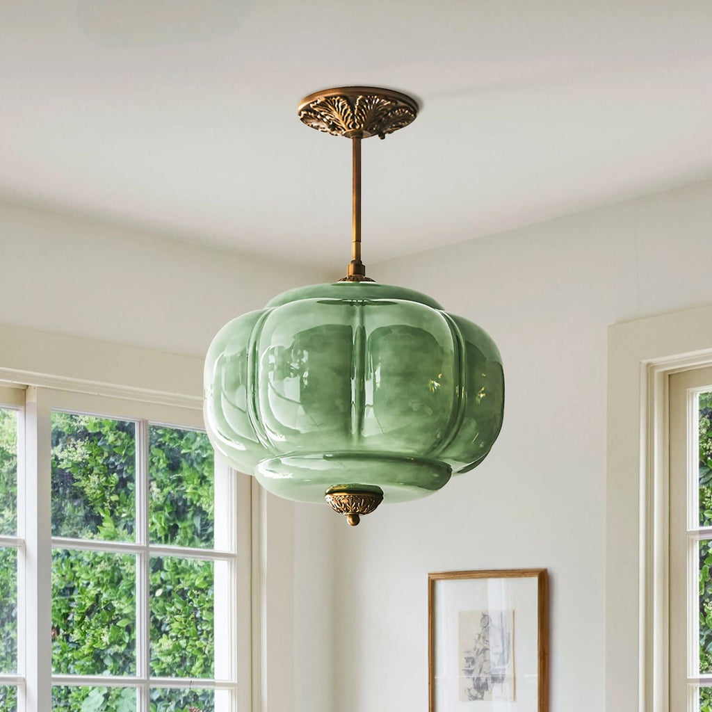 Antique Brass Ceiling Lamp – Green Glass Pumpkin Pendant