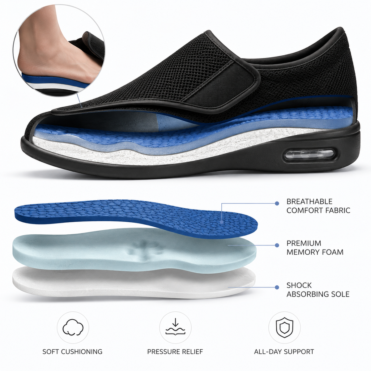 Diabetikerschuhe mit weiter Passform zum Hineinschlüpfen — Einlegesohle aus Memory-Schaum