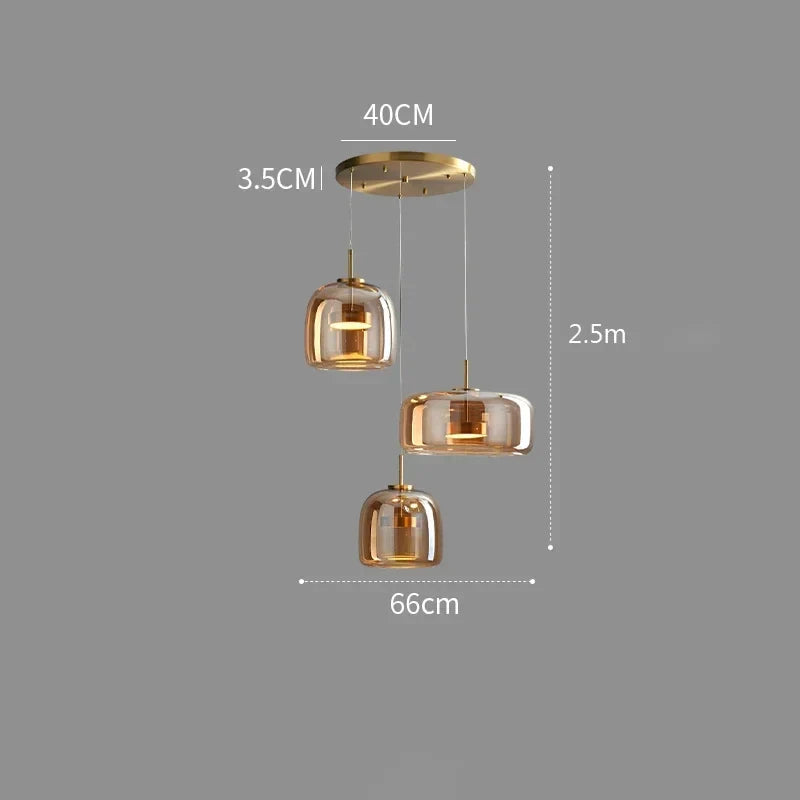 Lampă suspendată LED nordică — sticlă suflată, cognac sau gri fumuriu