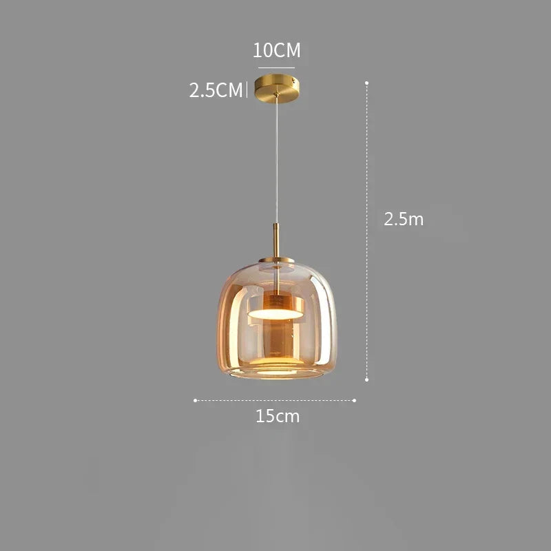 Lampă suspendată LED nordică — sticlă suflată, cognac sau gri fumuriu