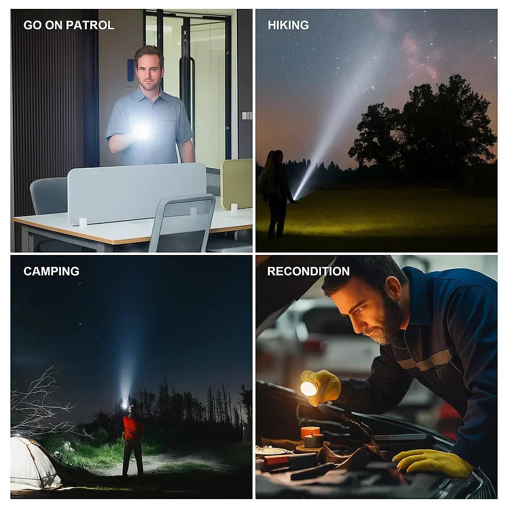 BrightPulse LED svítilna — 100 000 lumenů, dobíjení přes USB, zoom, voděodolná