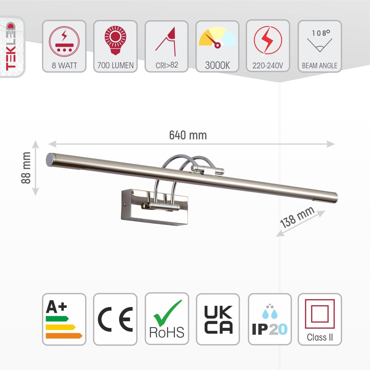 Lampa nad lustro LED 64cm, ciepła biel 3000K, 8W, złota/niklowa/mosiężna/chromowana