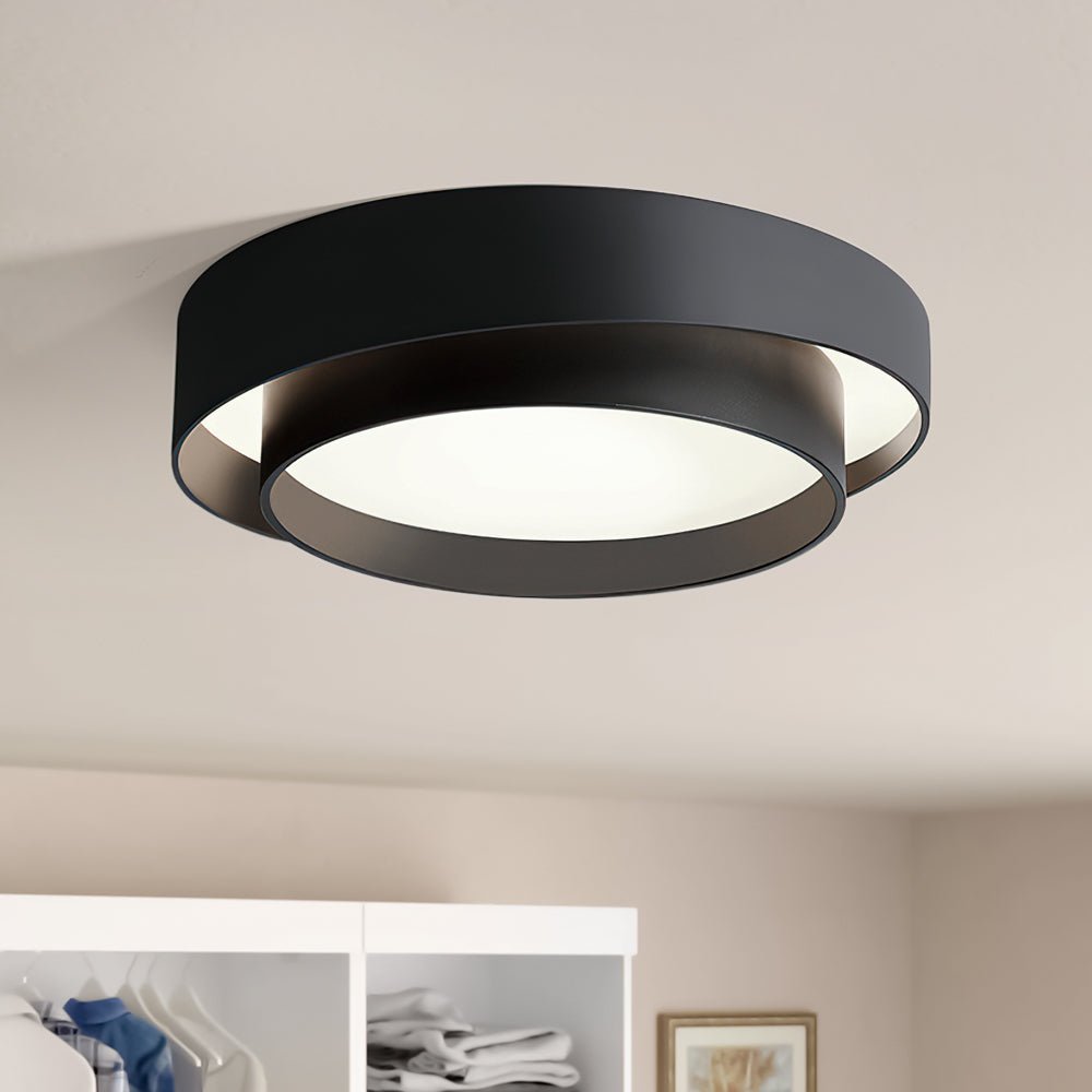 39cm Round LED Ceiling Lamp — Concentric Metal Rings, White Gray Black