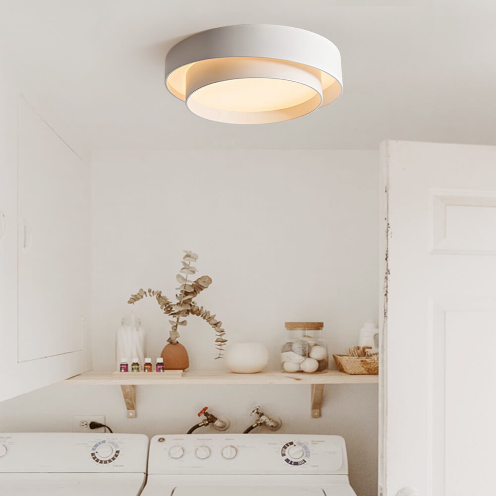 39cm Round LED Ceiling Lamp — Concentric Metal Rings, White Gray Black