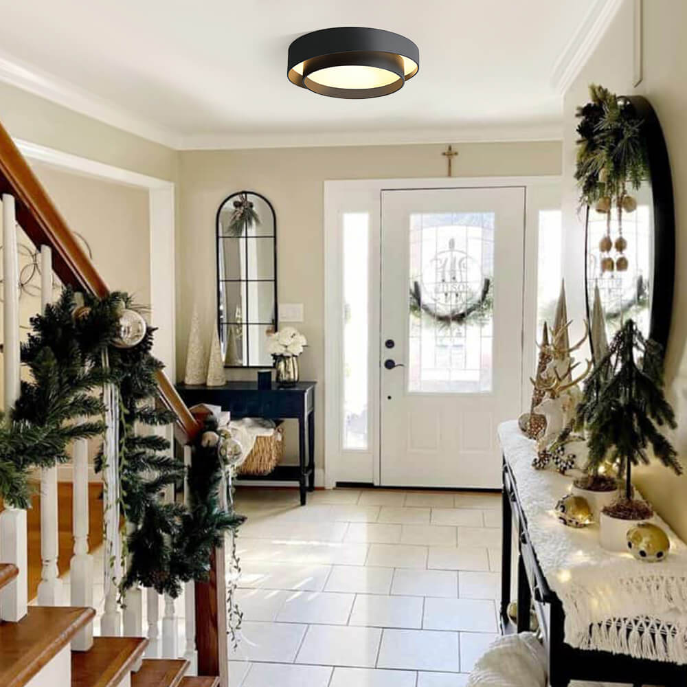39cm Round LED Ceiling Lamp — Concentric Metal Rings, White Gray Black