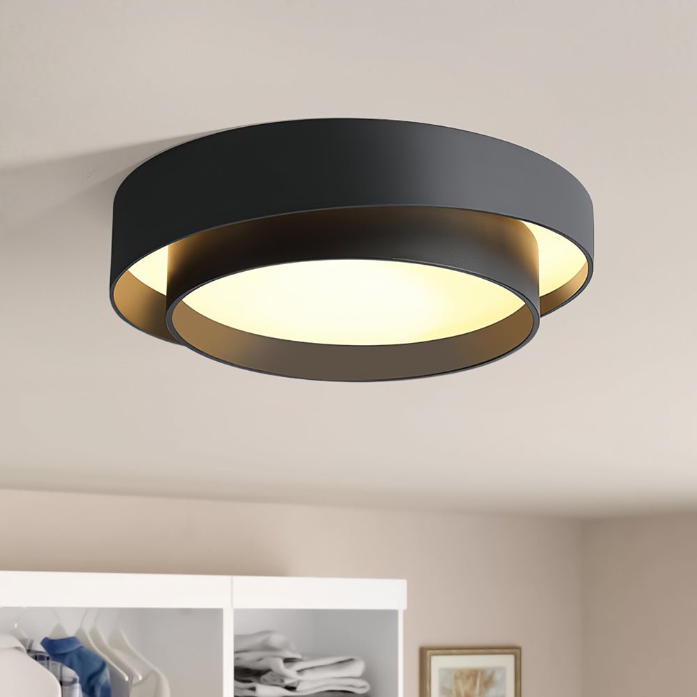 39cm Round LED Ceiling Lamp — Concentric Metal Rings, White Gray Black