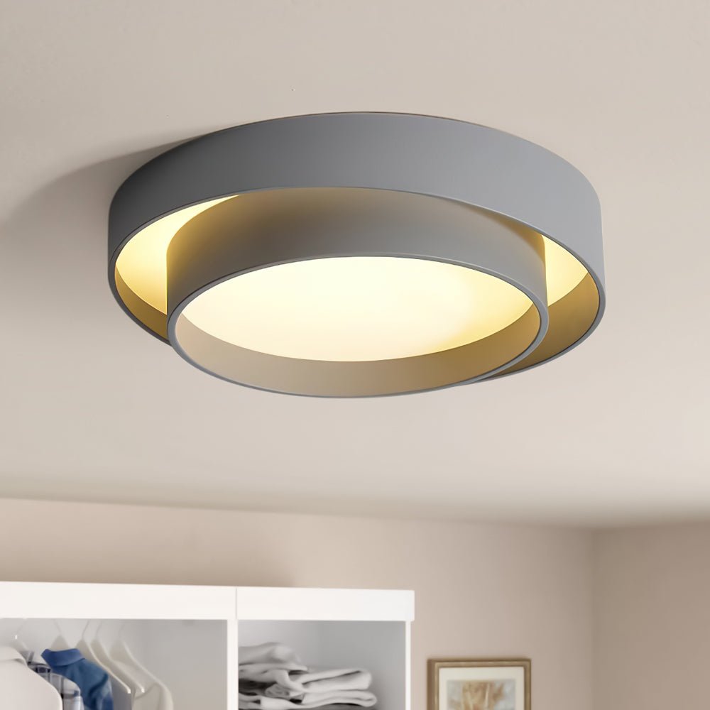 39cm Round LED Ceiling Lamp — Concentric Metal Rings, White Gray Black
