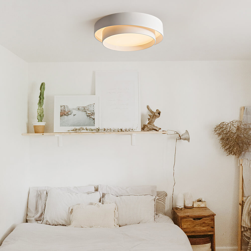 39cm Round LED Ceiling Lamp — Concentric Metal Rings, White Gray Black